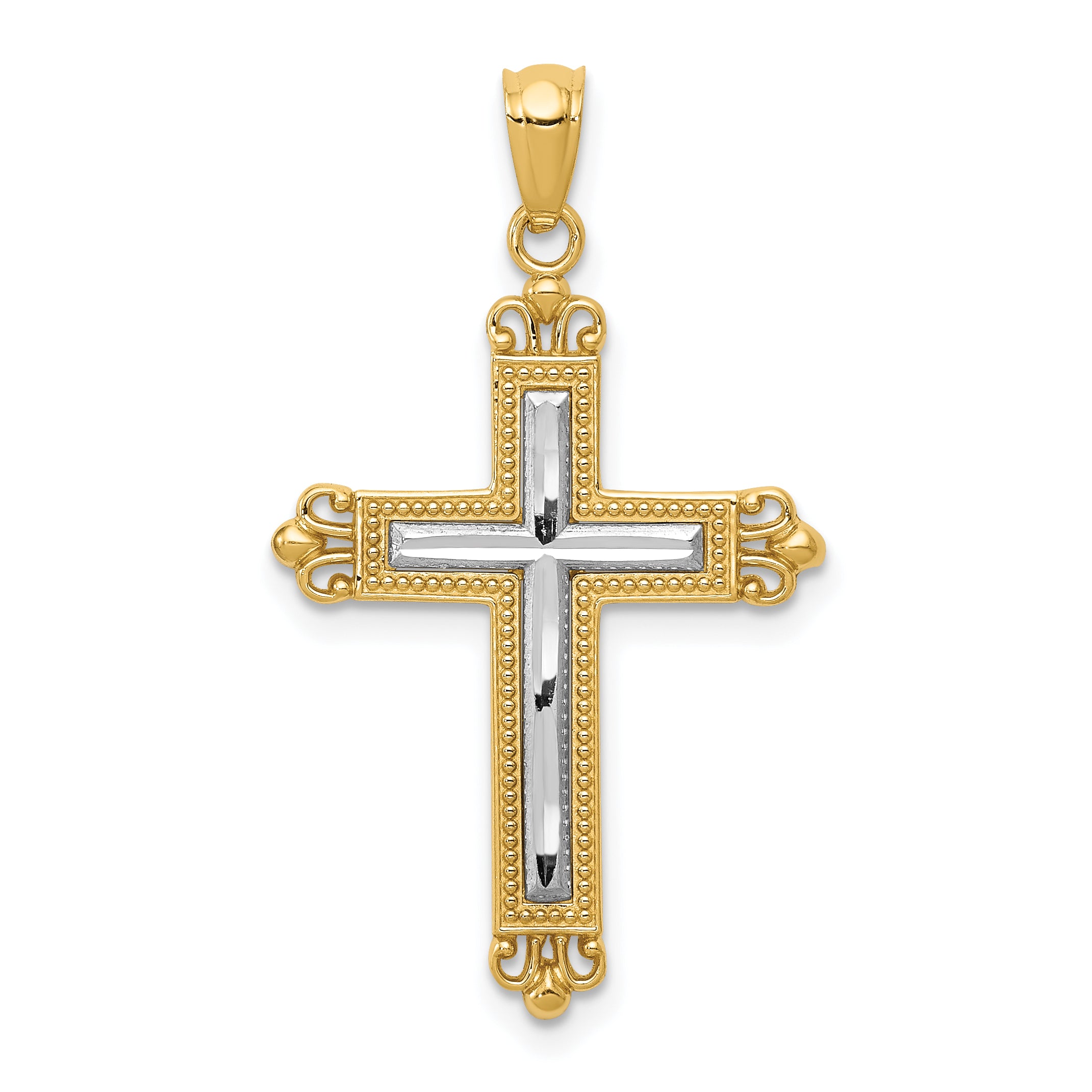 14K w/Rhodium Diamond Cut Cross Pendant