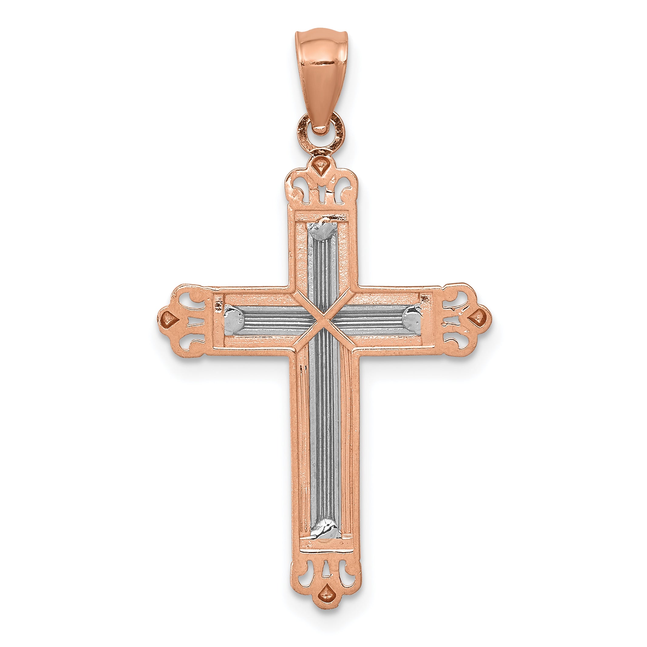 14K Rose Gold Cross Pendant with Rhodium Diamond-Cut Elegant Design