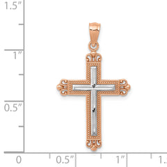 14K Rose Gold Cross Pendant with Rhodium Diamond-Cut Elegant Design