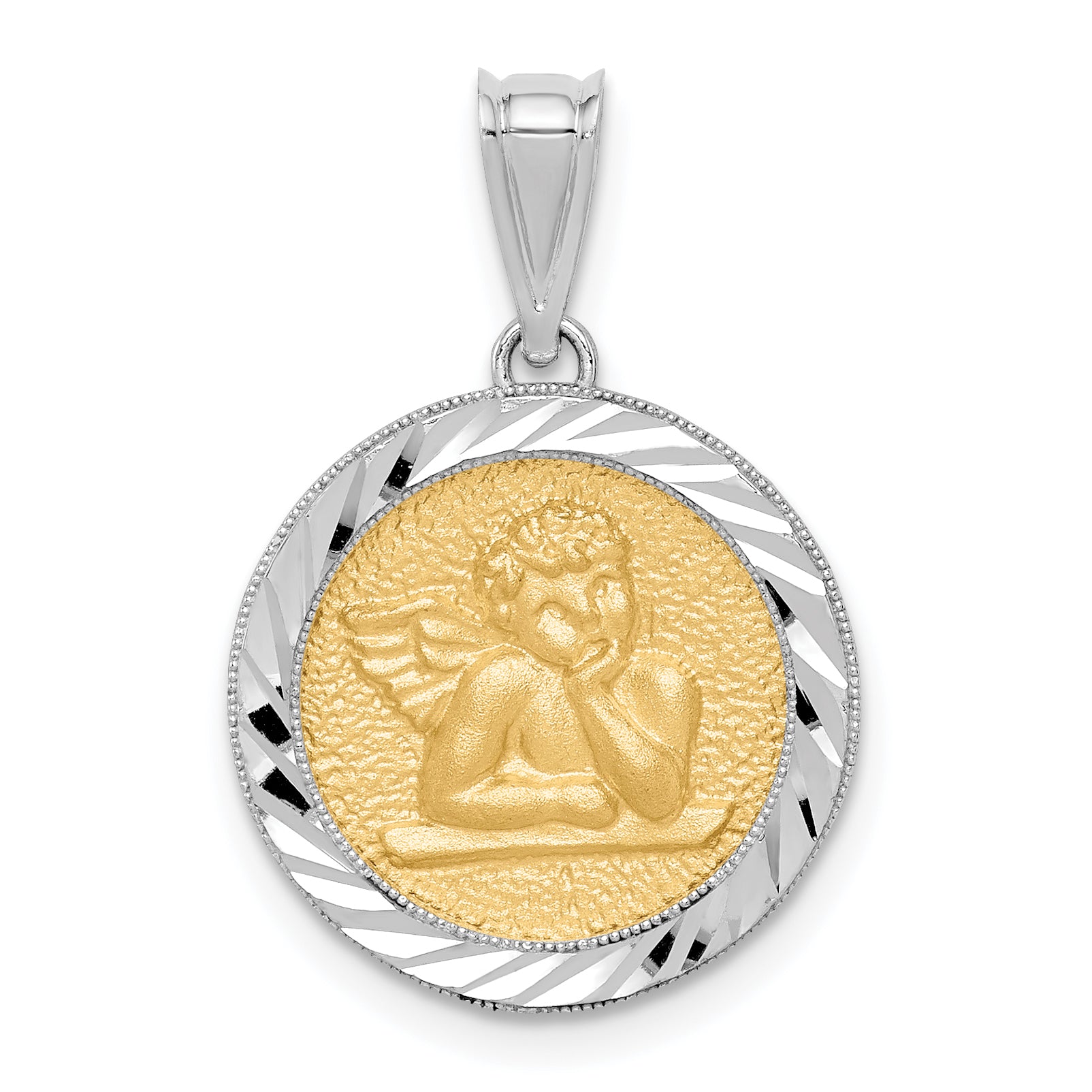 14K Two-tone Polished & Diamond-cut Bezel Angel Pendant