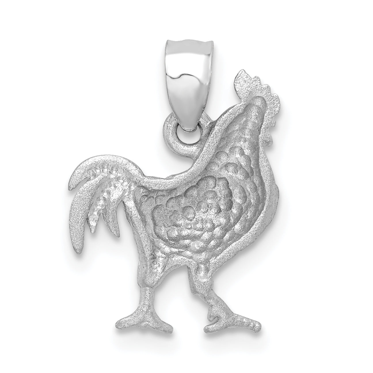 14k White Gold Satin Diamond-cut Rooster Pendant