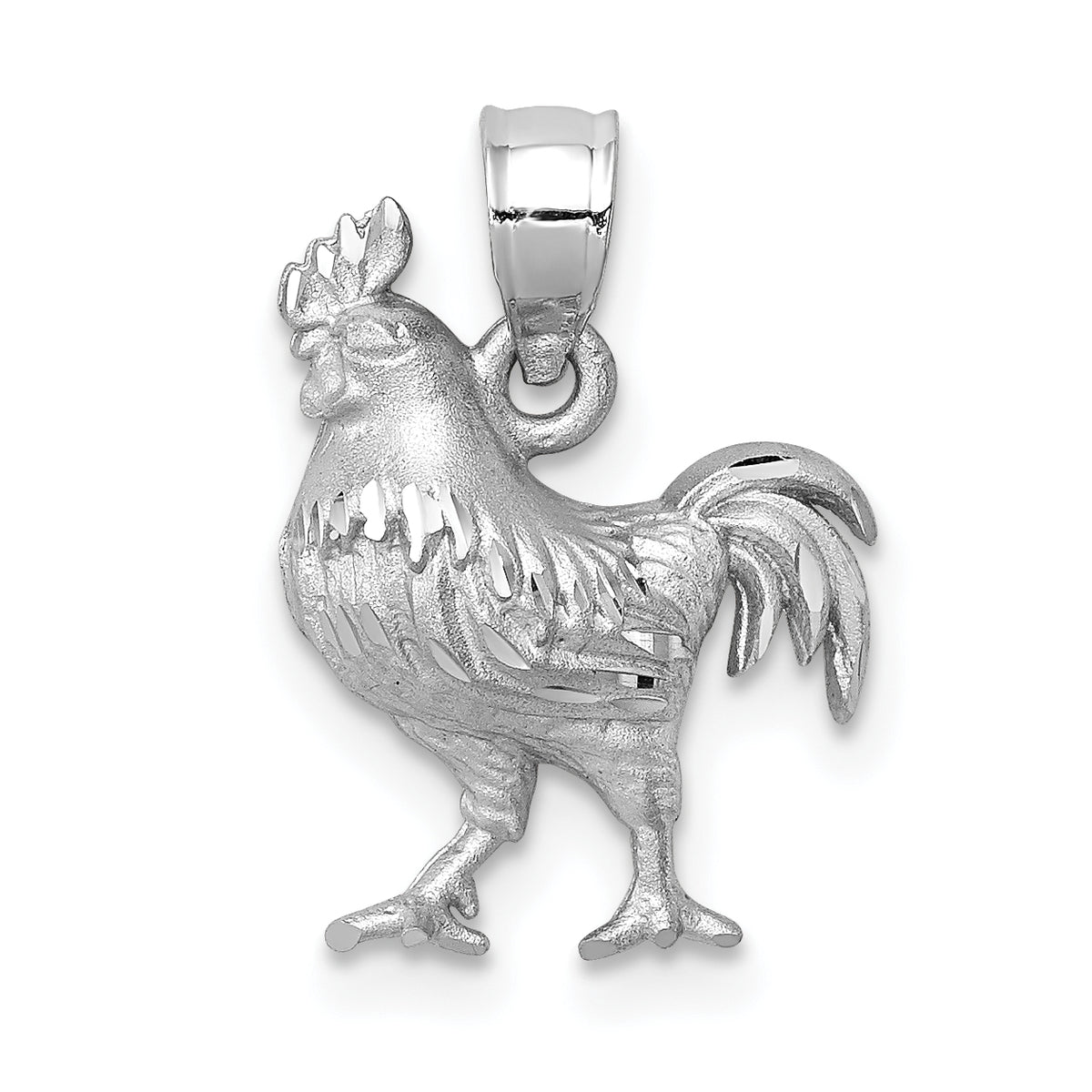 14k White Gold Satin Diamond-cut Rooster Pendant