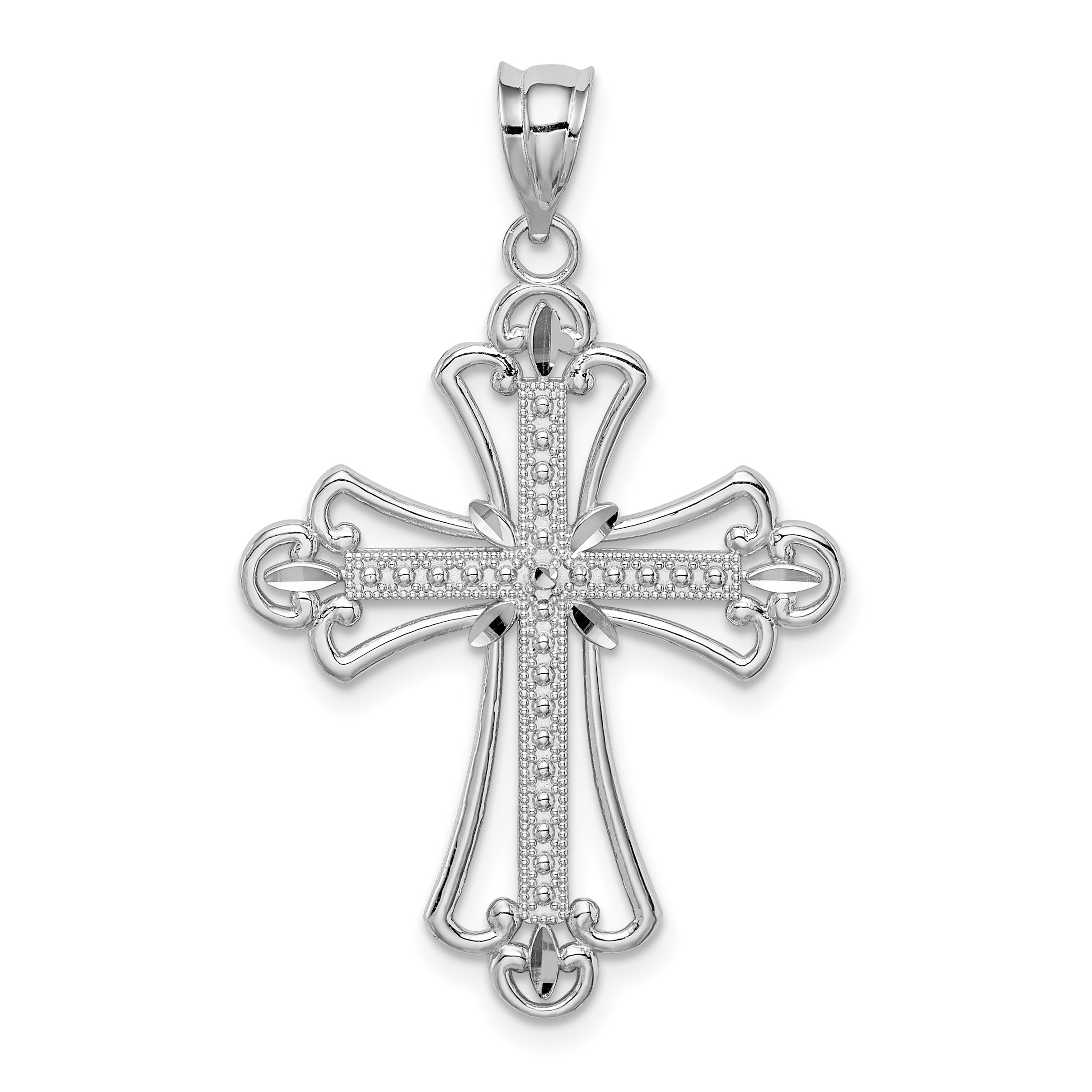 14K White Polished Diamond-cut Textured Cross Pendant