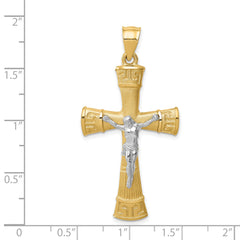 14K Two-tone Brushed & Polished Greek Key Crucifix Pendant