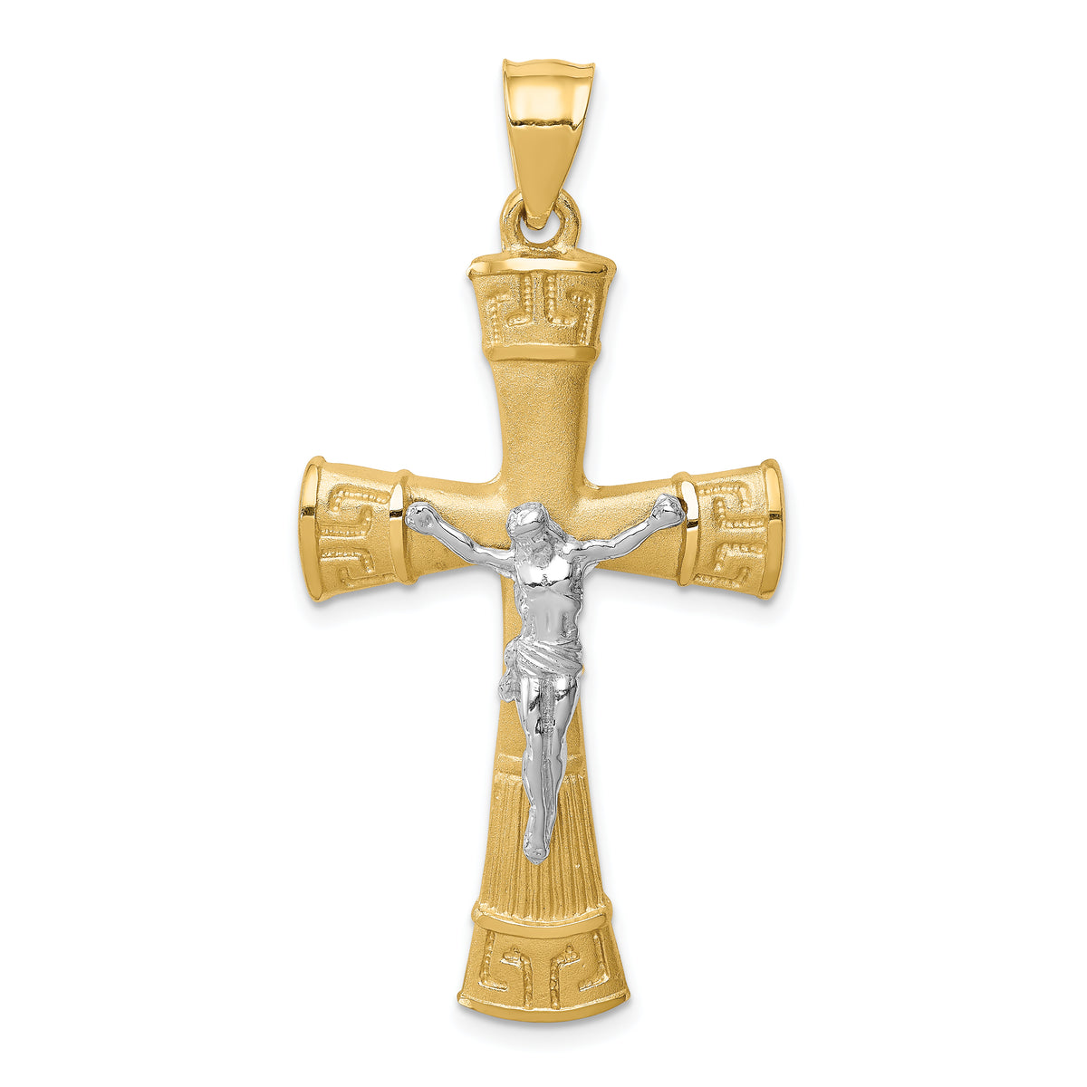 14K Two-tone Brushed & Polished Greek Key Crucifix Pendant