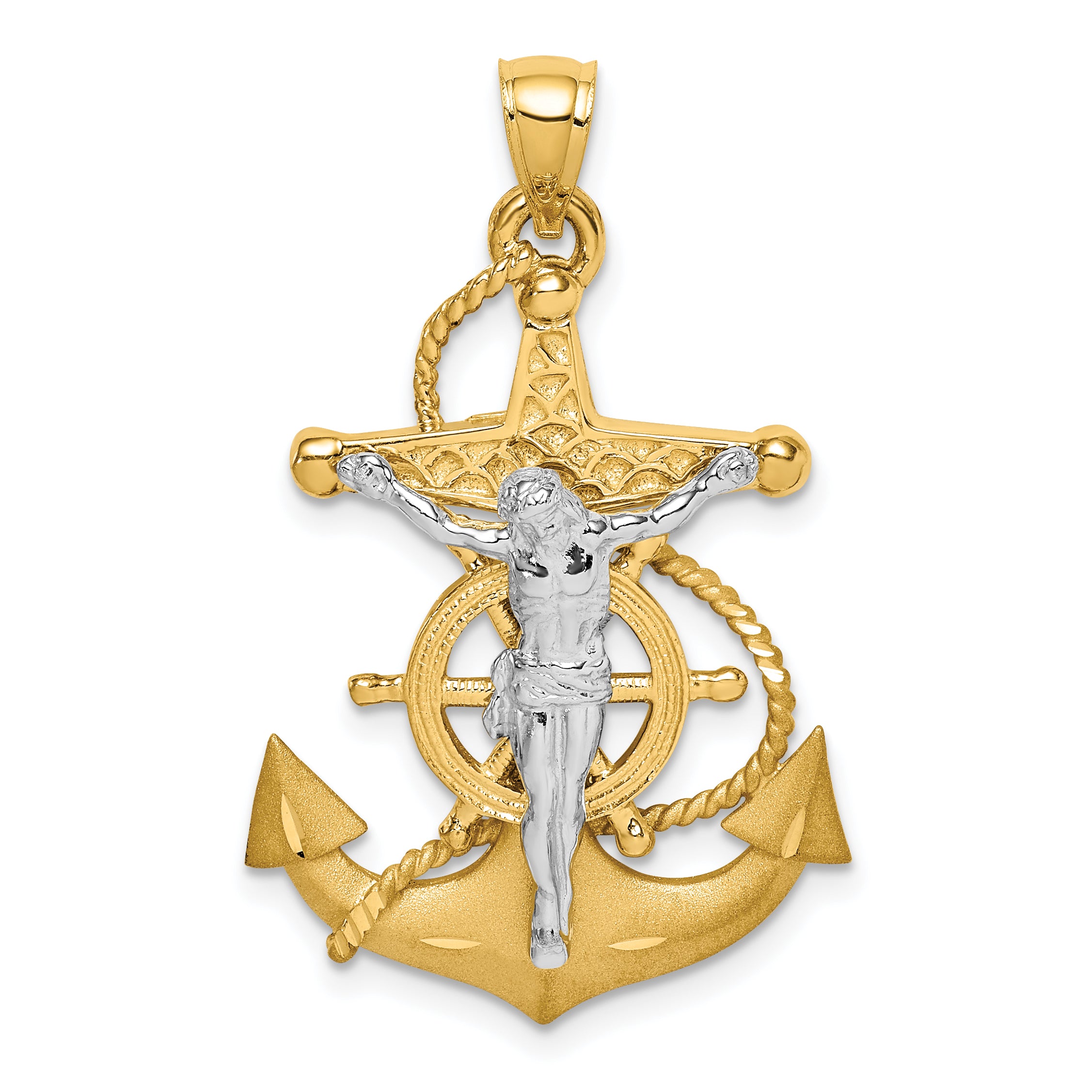 14K Two-tone Polished/Satin D/C Mariner Cross Pendant