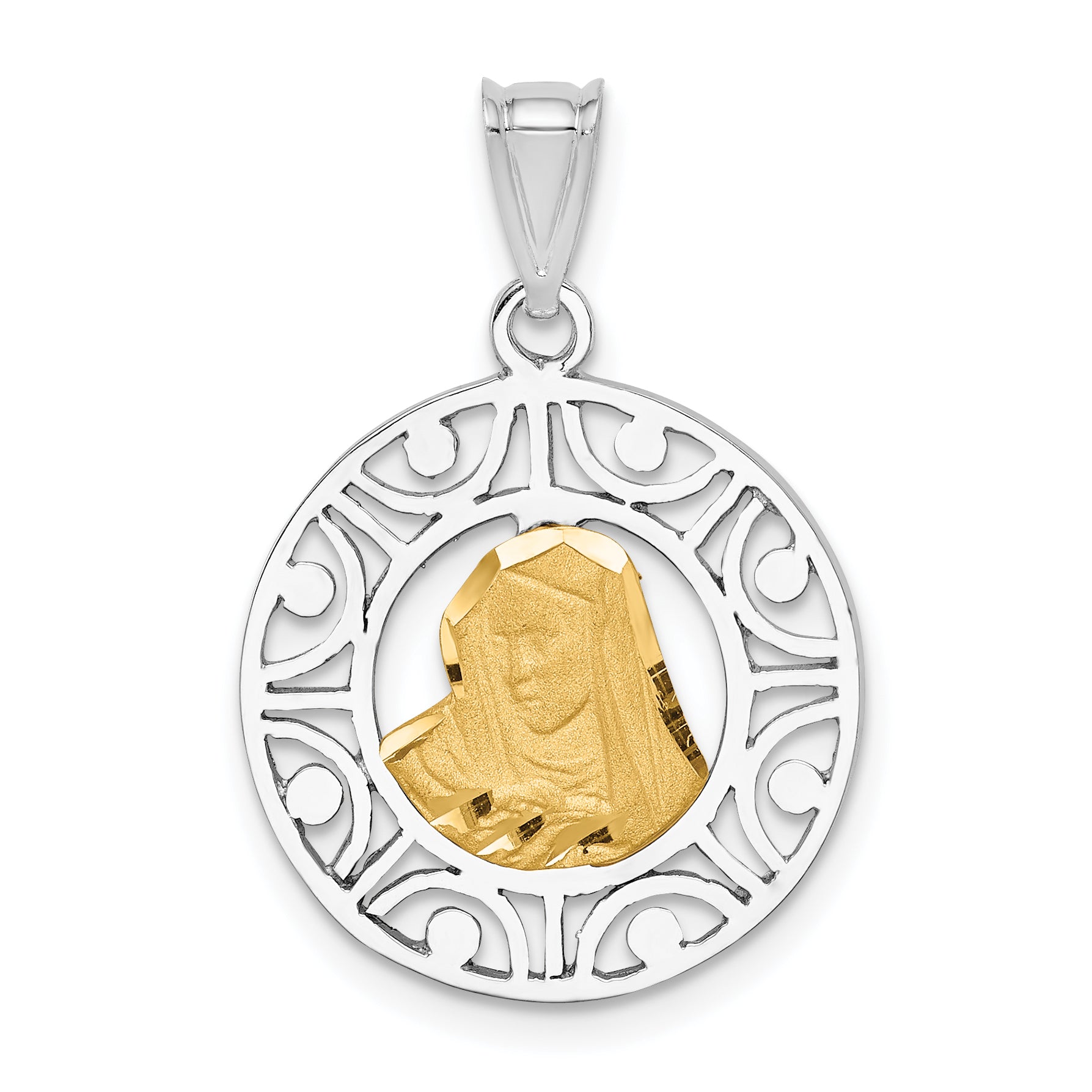 14K Two-tone Brushed & Polished Virgin D/C Mary Pendant