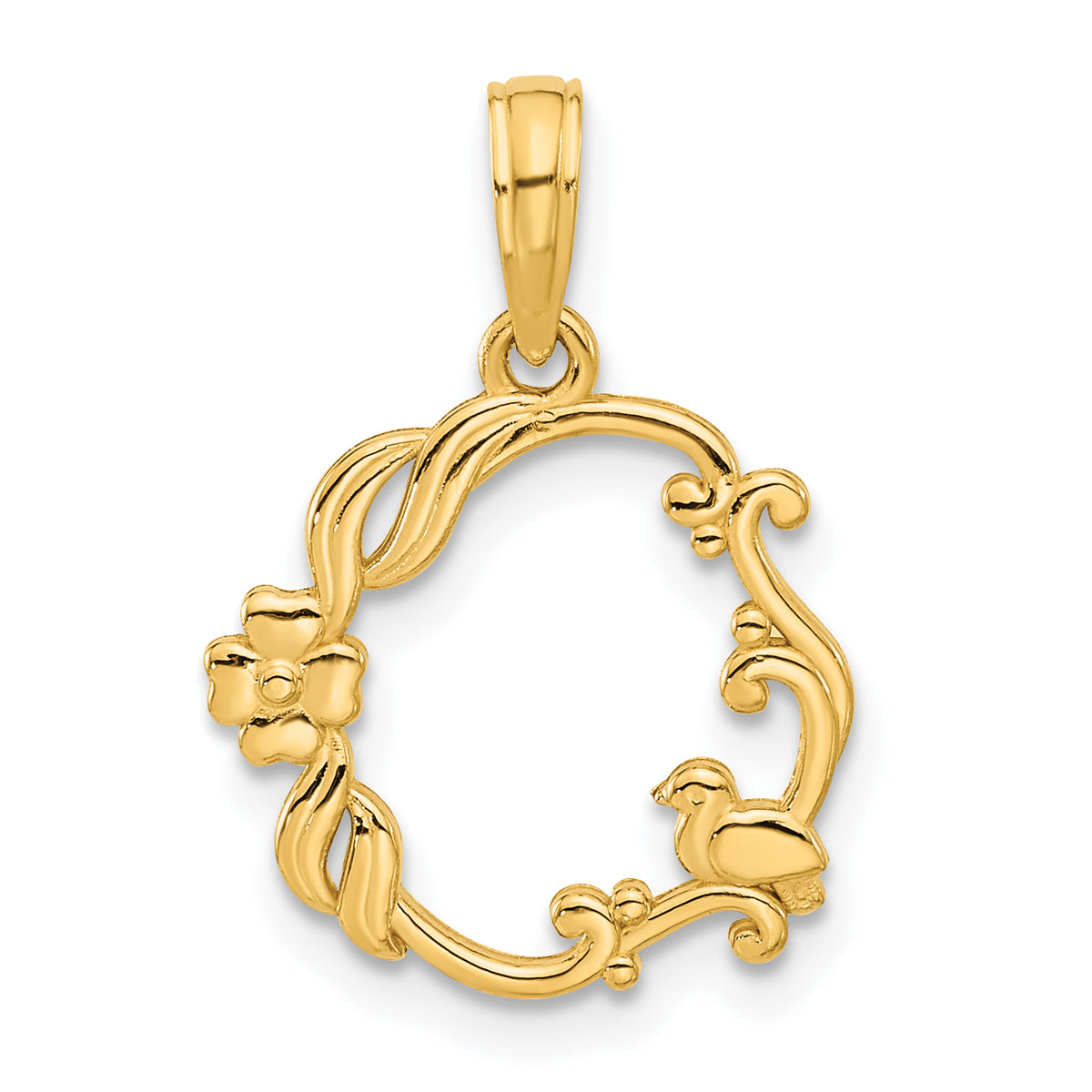 14k Polished Floral with Bird Circle Pendant