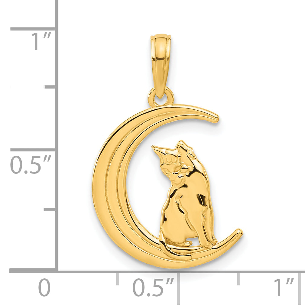 14k Polished Cat Sittin On Moon Pendant