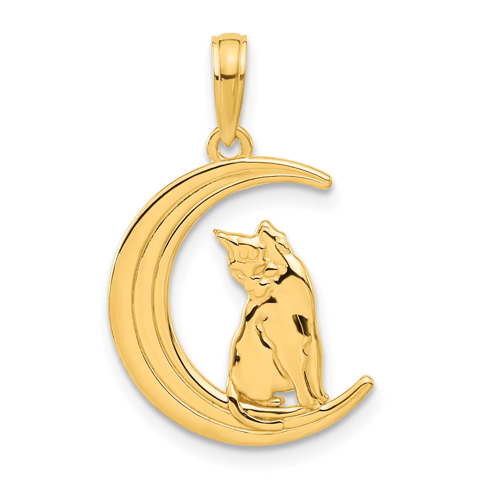 14k Polished Cat Sittin On Moon Pendant