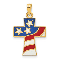 14k Polished and Enameled American Flag Cross Pendant