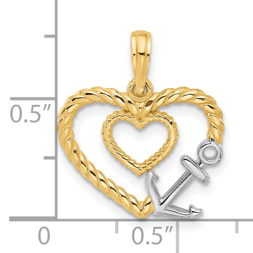 14K with Rhodium Fancy Rope Heart and Anchor Charm