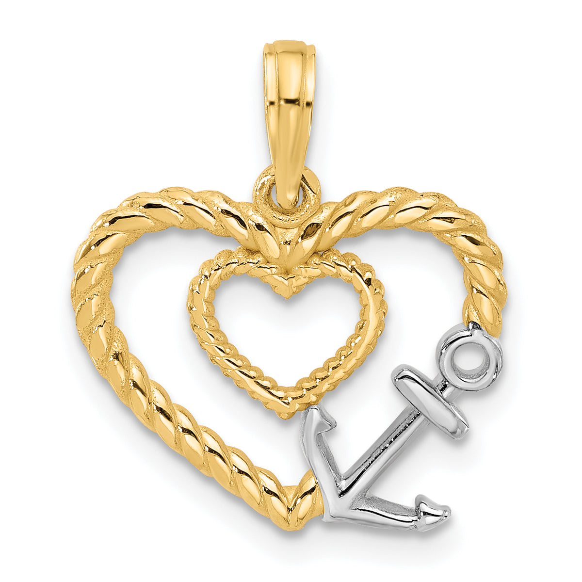 14K with Rhodium Fancy Rope Heart and Anchor Charm