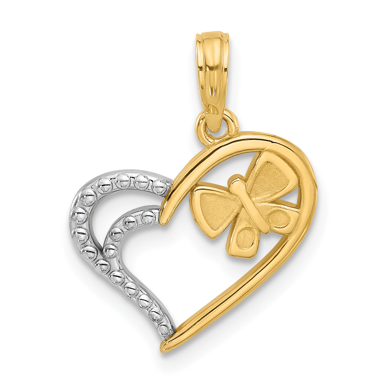 14K with White Rhodium Fancy Heart and Butterfly Charm