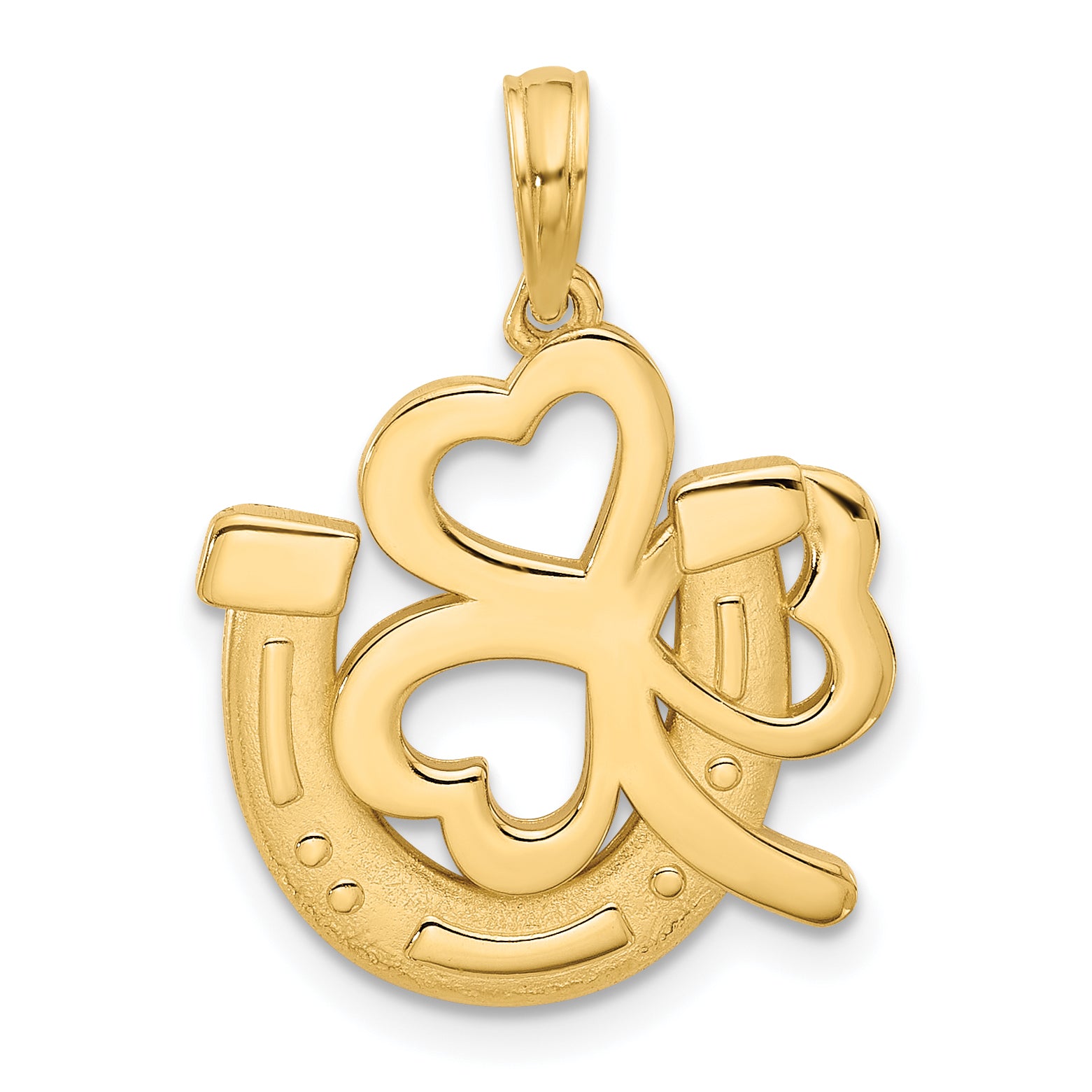 14K Polished and Satin  Horseshoe and Clover Charm