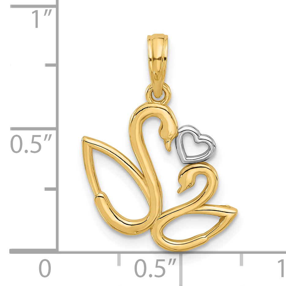 14K with Rhodium Polished Fancy Heart and Swans Charm