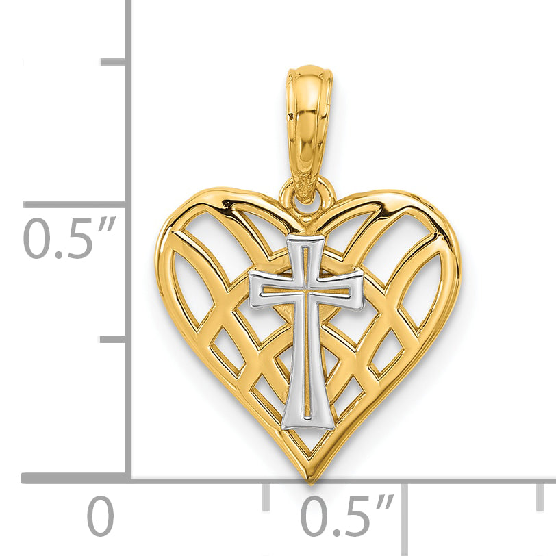 14K and Rhodium Fancy Heart and Cross Charm