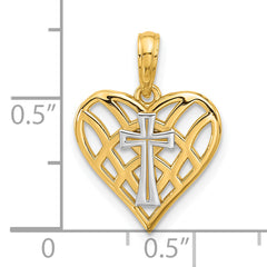 14K and Rhodium Fancy Heart and Cross Charm