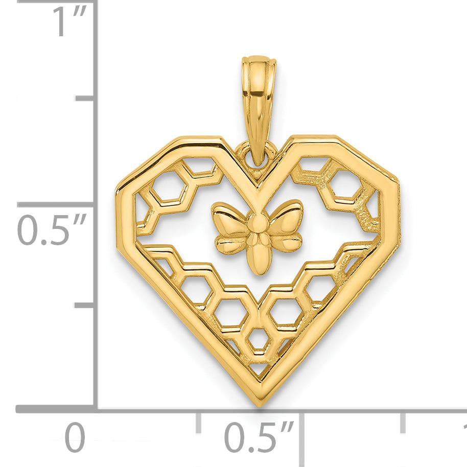 14K Polished Fancy Heart and Bee Honeycomb Charm