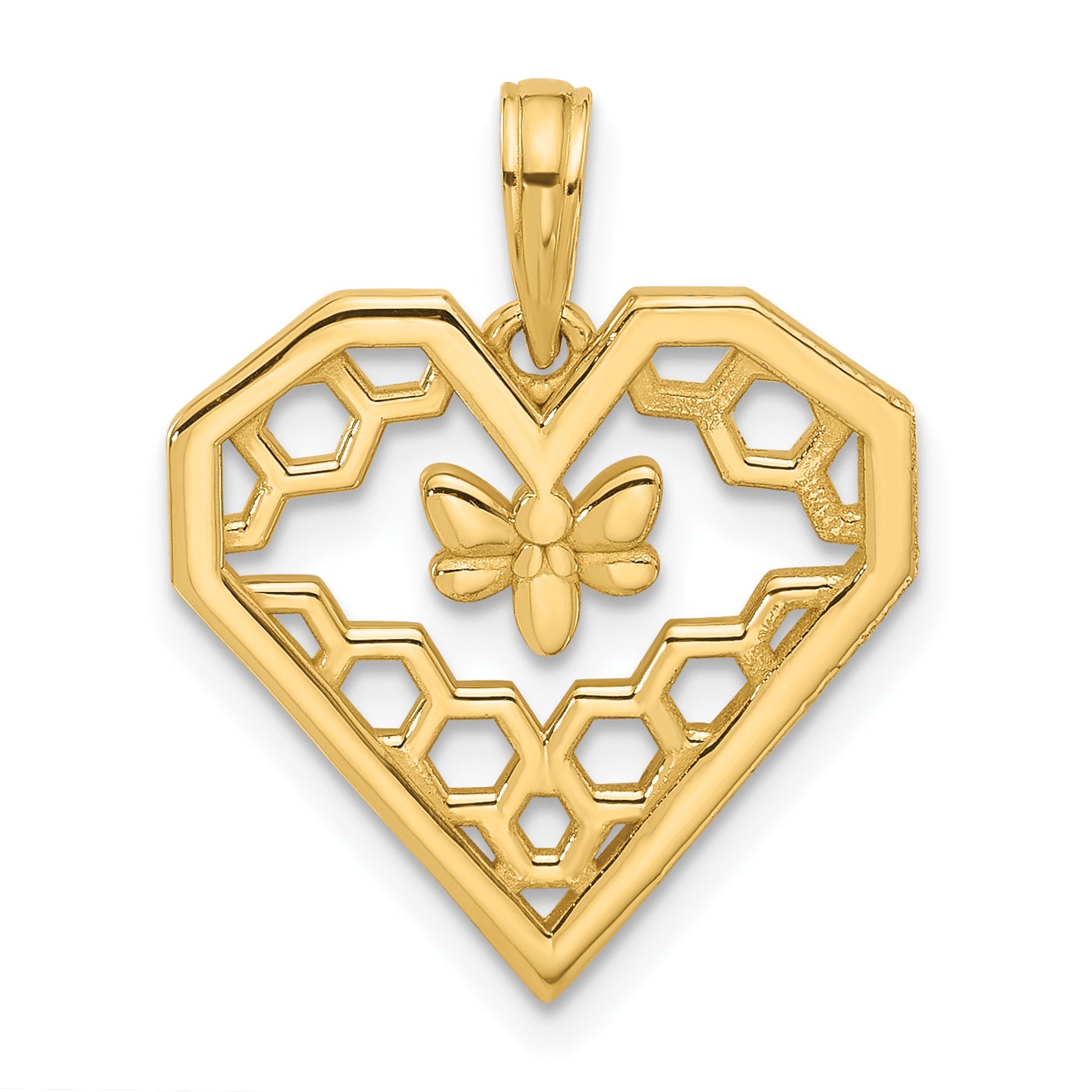 14K Polished Fancy Heart and Bee Honeycomb Charm