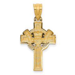 14K Gold Claddagh Cross Pendant with Rhodium Accent  Polished & Textured Finish