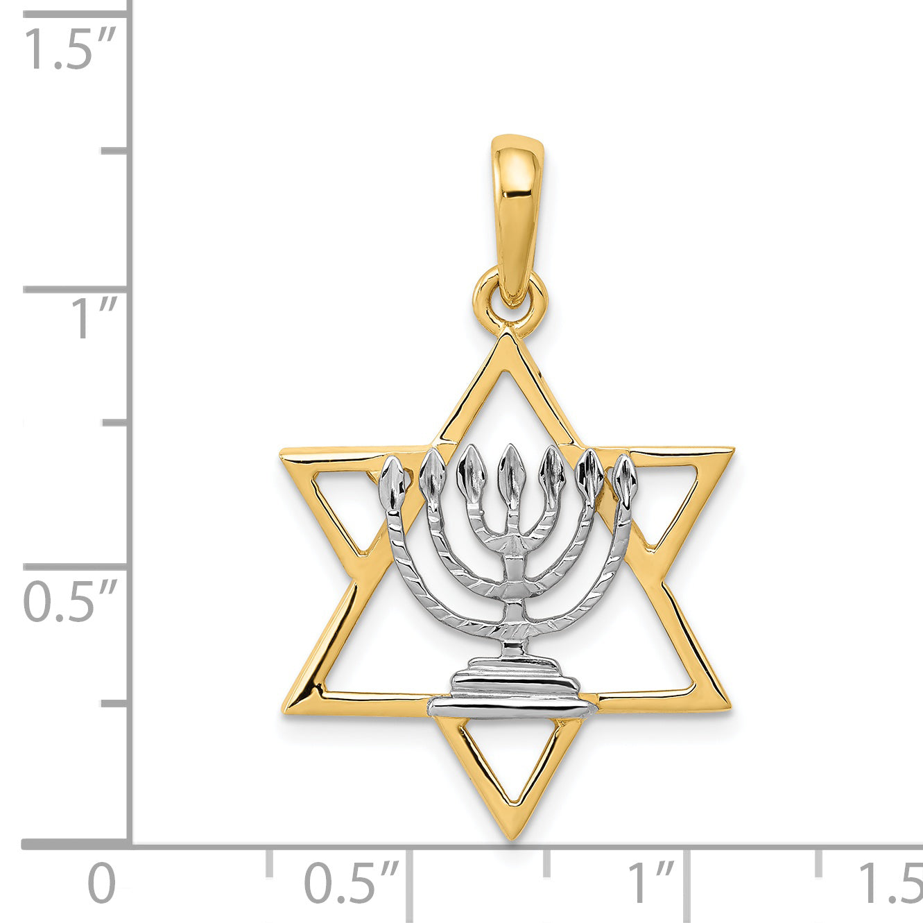 14K Gold Menorah Star of David Charm with White Rhodium Finish