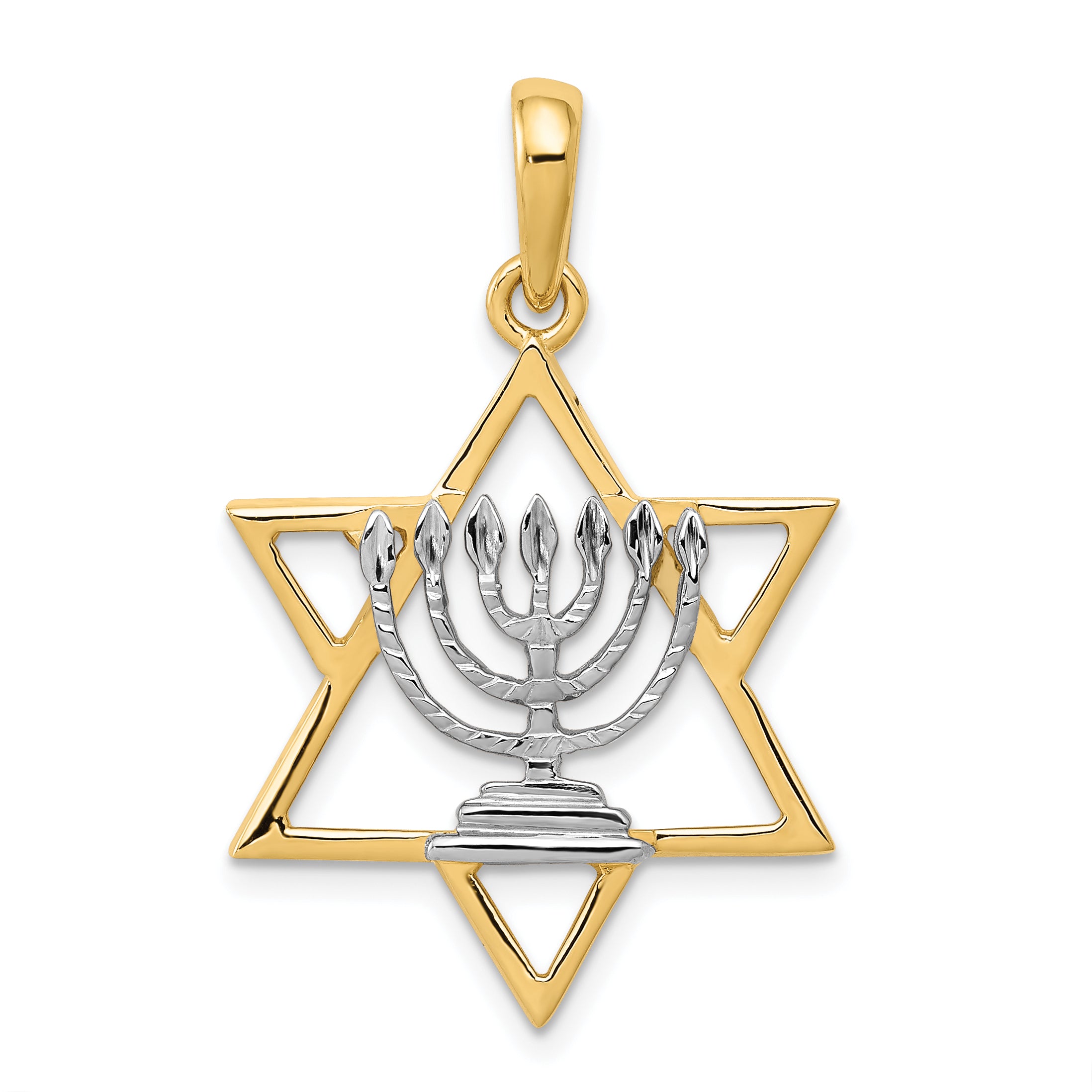 14K w/ White Rhodium Solid Menorah In Star Of David Charm