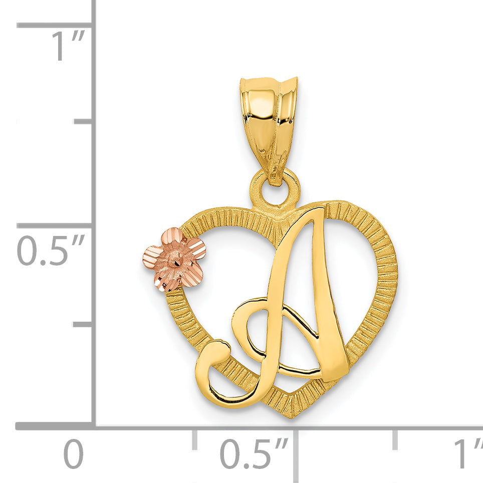 14K Two-Tone Gold Heart Initial A Pendant with Diamond-Cut Finish