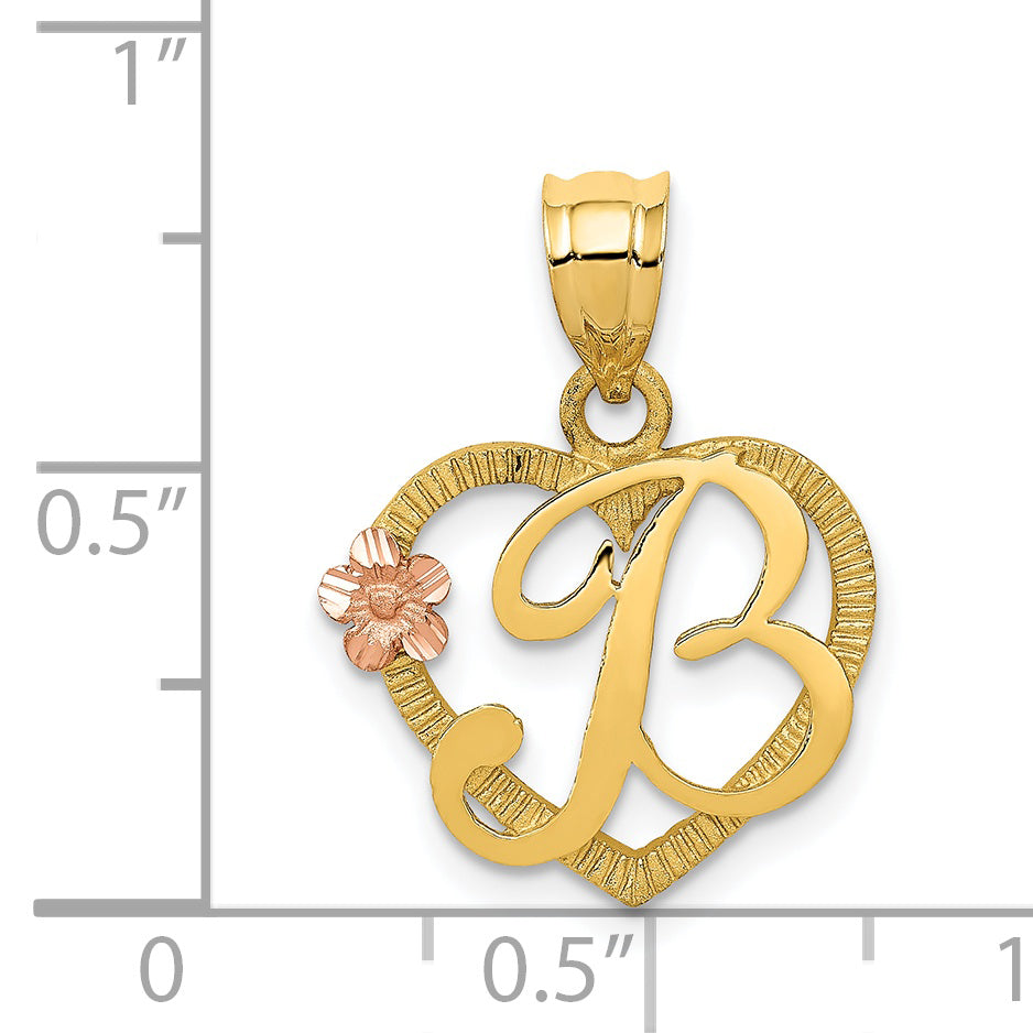 14K Two-Tone Gold Heart Initial B Pendant with Polished Diamond-Cut Finish