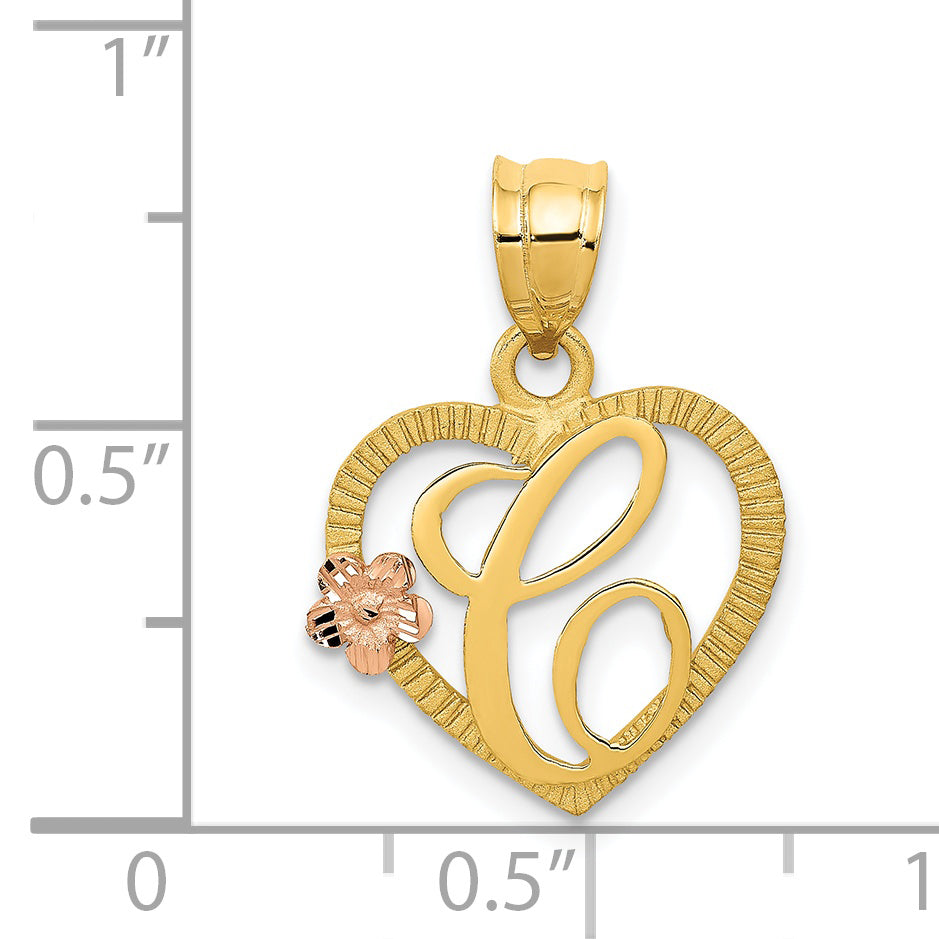 14K Two-Tone Gold Heart Initial Pendant C with Diamond-Cut Finish