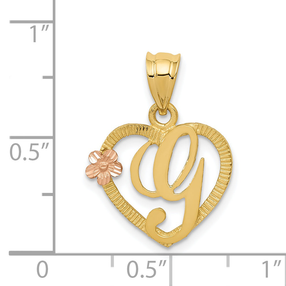 14K Two-Tone Gold Heart Initial G Pendant with Polished Diamond-Cut Finish