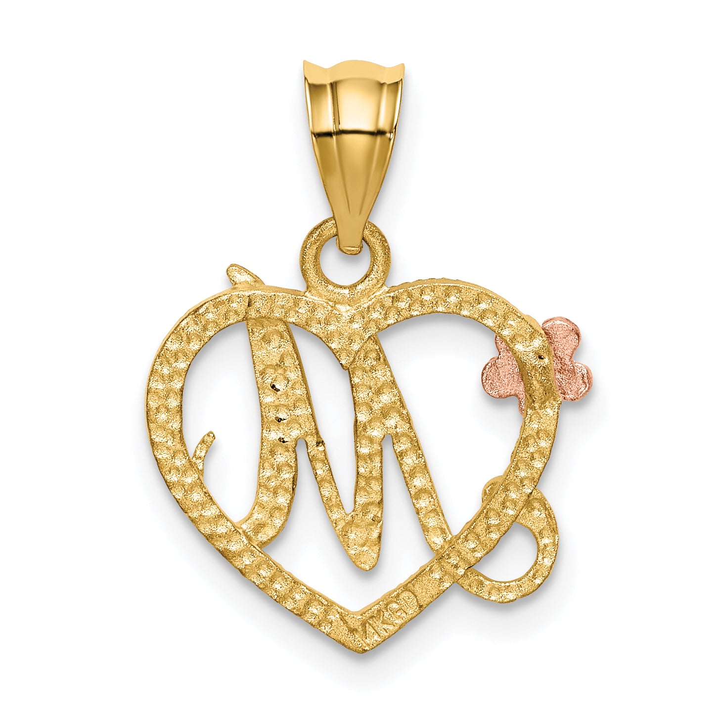 14K Two-Tone Gold Heart Initial M Pendant with Polished Diamond-Cut Finish