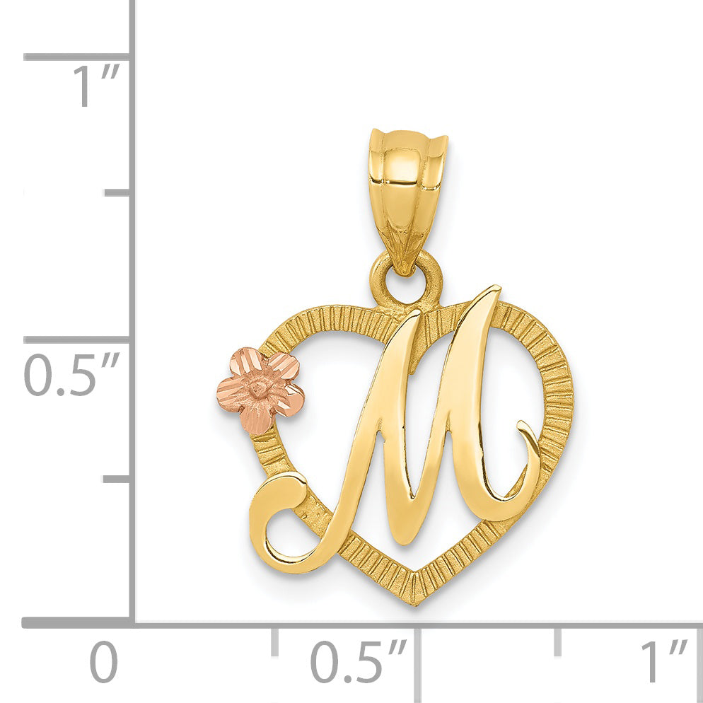 14K Two-Tone Gold Heart Initial M Pendant with Polished Diamond-Cut Finish