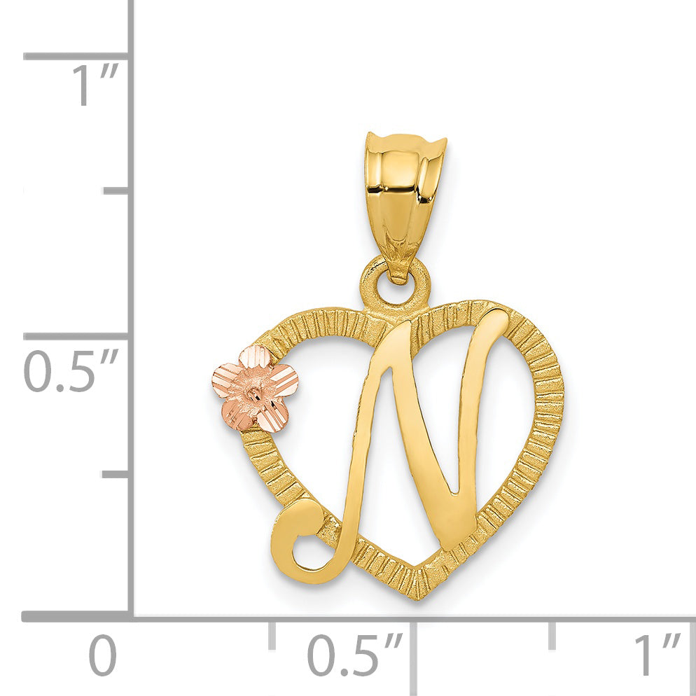 14k Two-Tone Heart Letter N  Initial Pendant