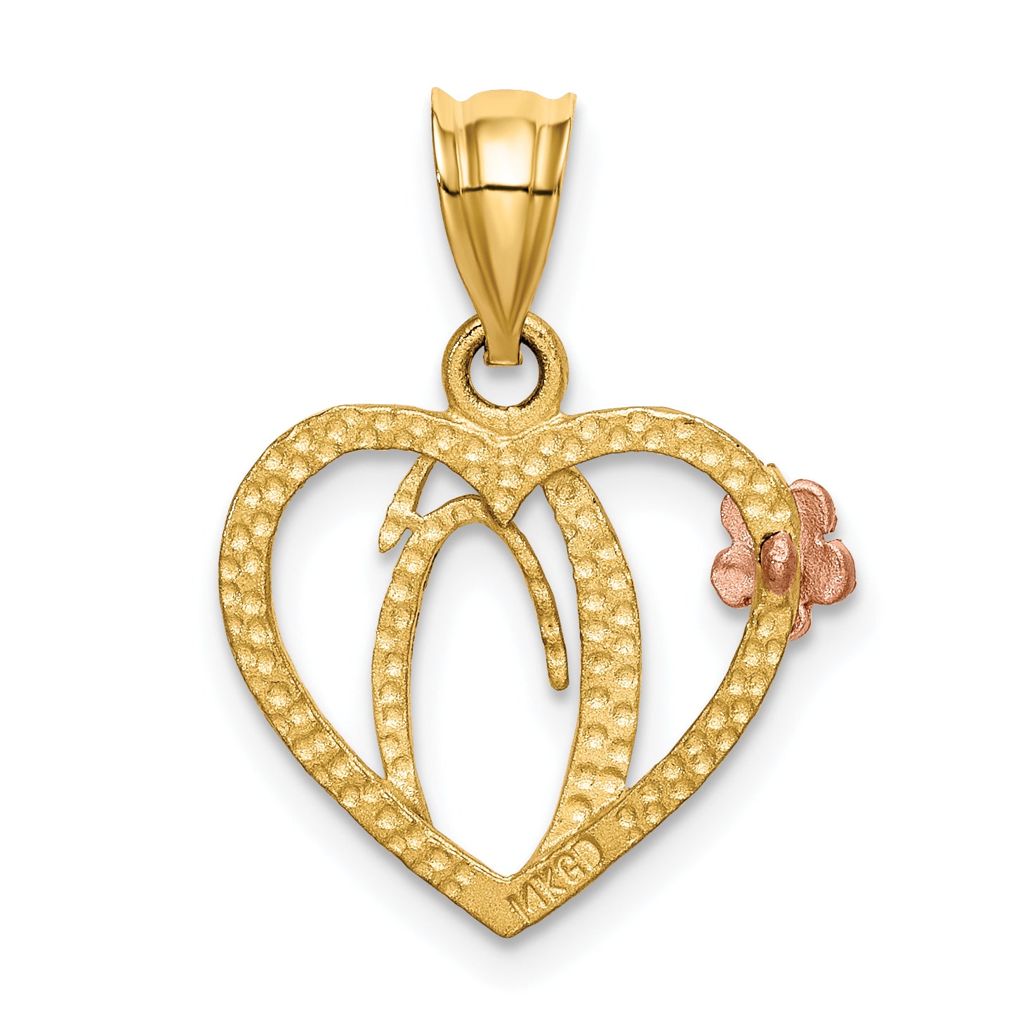 14K Two-Tone Gold Heart Initial O Pendant with Polished Diamond-Cut Finish