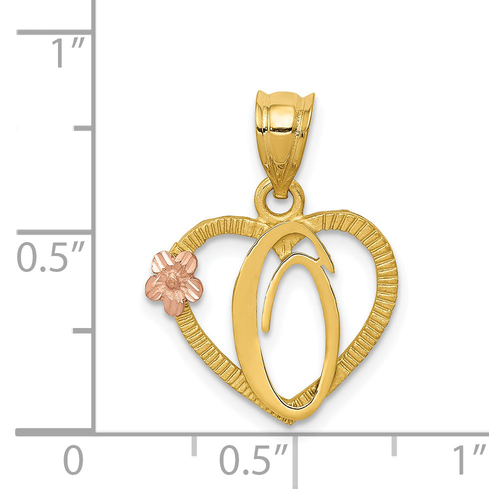 14K Two-Tone Gold Heart Initial O Pendant with Polished Diamond-Cut Finish