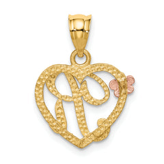 14K Two-Tone Gold Heart Initial R Pendant with Polished Diamond-Cut Finish