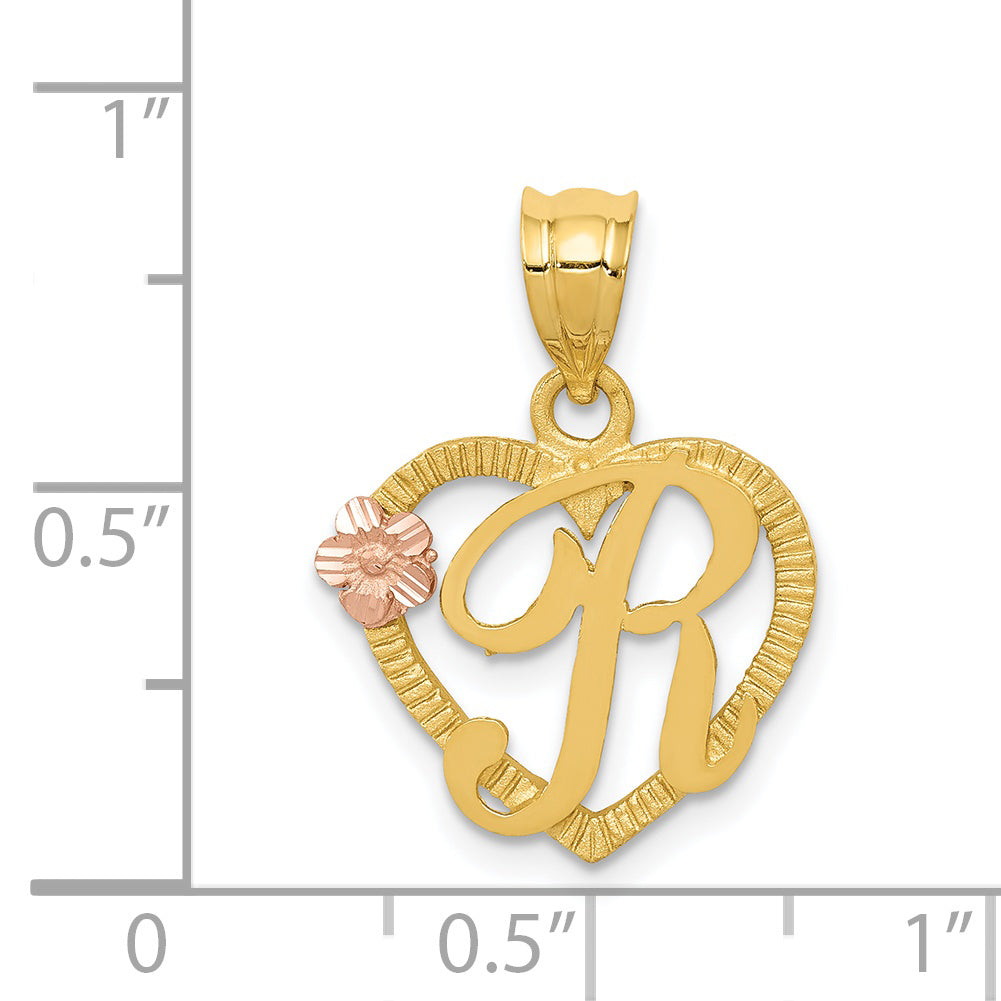 14K Two-Tone Gold Heart Initial R Pendant with Polished Diamond-Cut Finish