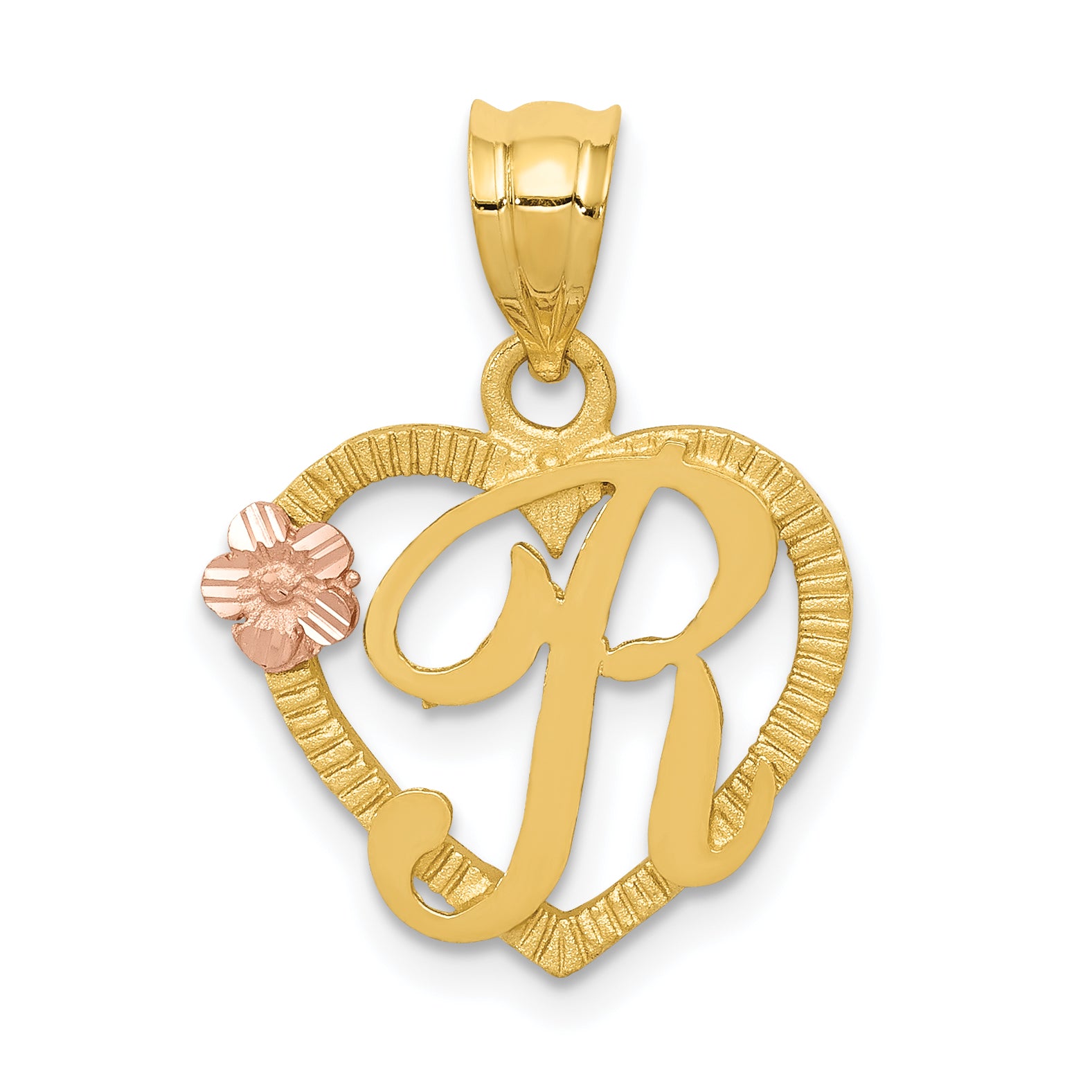 14k Two-Tone Heart Letter R  Initial Pendant