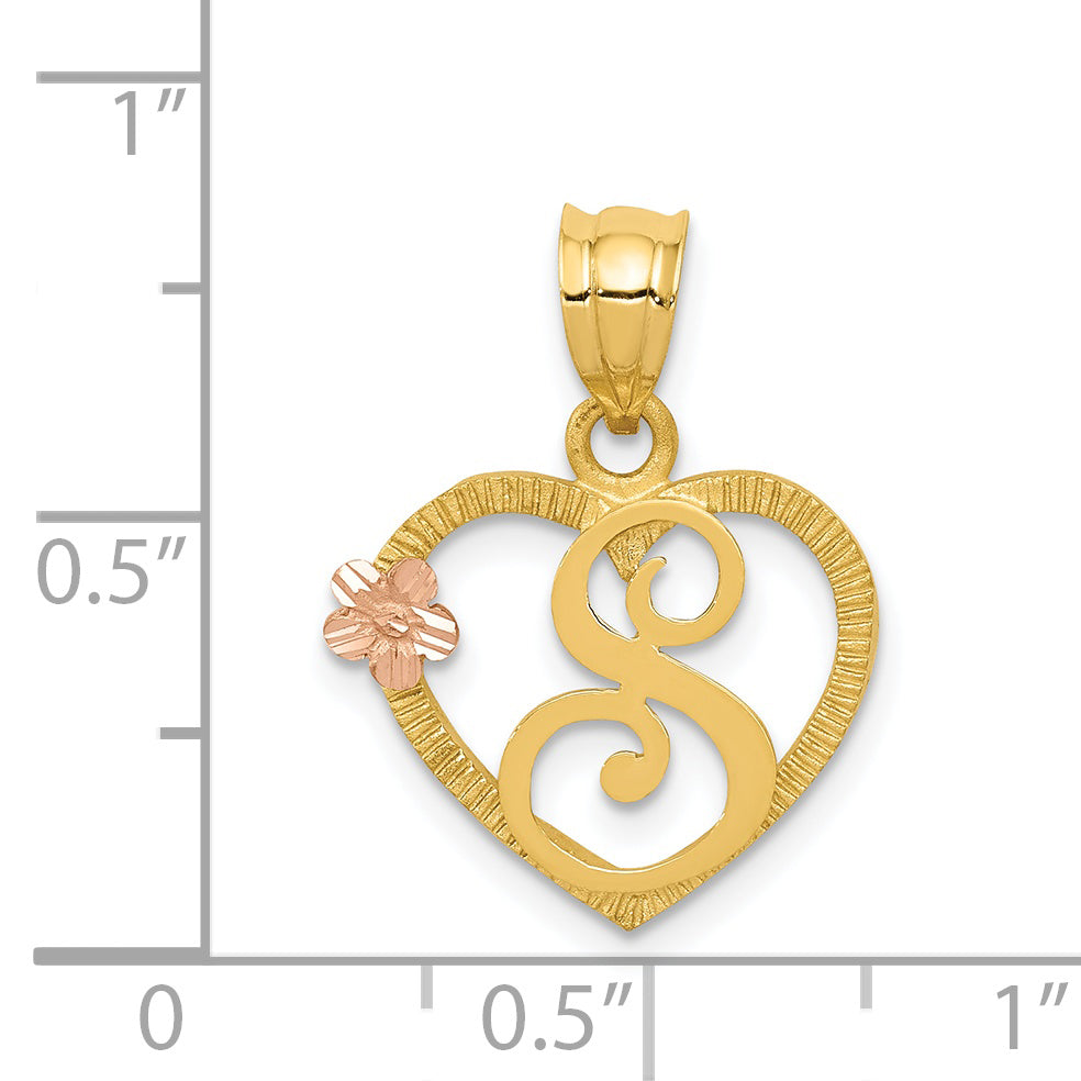 14k Two-Tone Heart Letter S  Initial Pendant