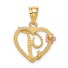 14K Two-Tone Gold Heart Letter T Pendant with Diamond-Cut Finish