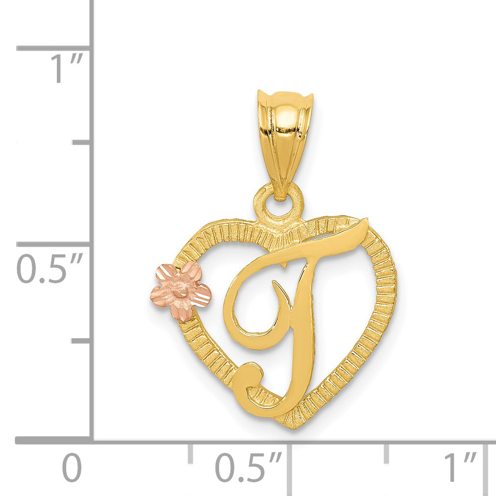 14k Two-Tone Heart Letter T  Initial Pendant