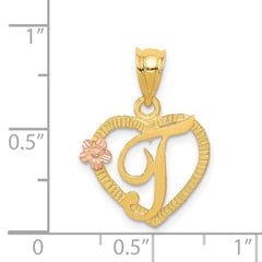 14K Two-Tone Gold Heart Letter T Pendant with Diamond-Cut Finish