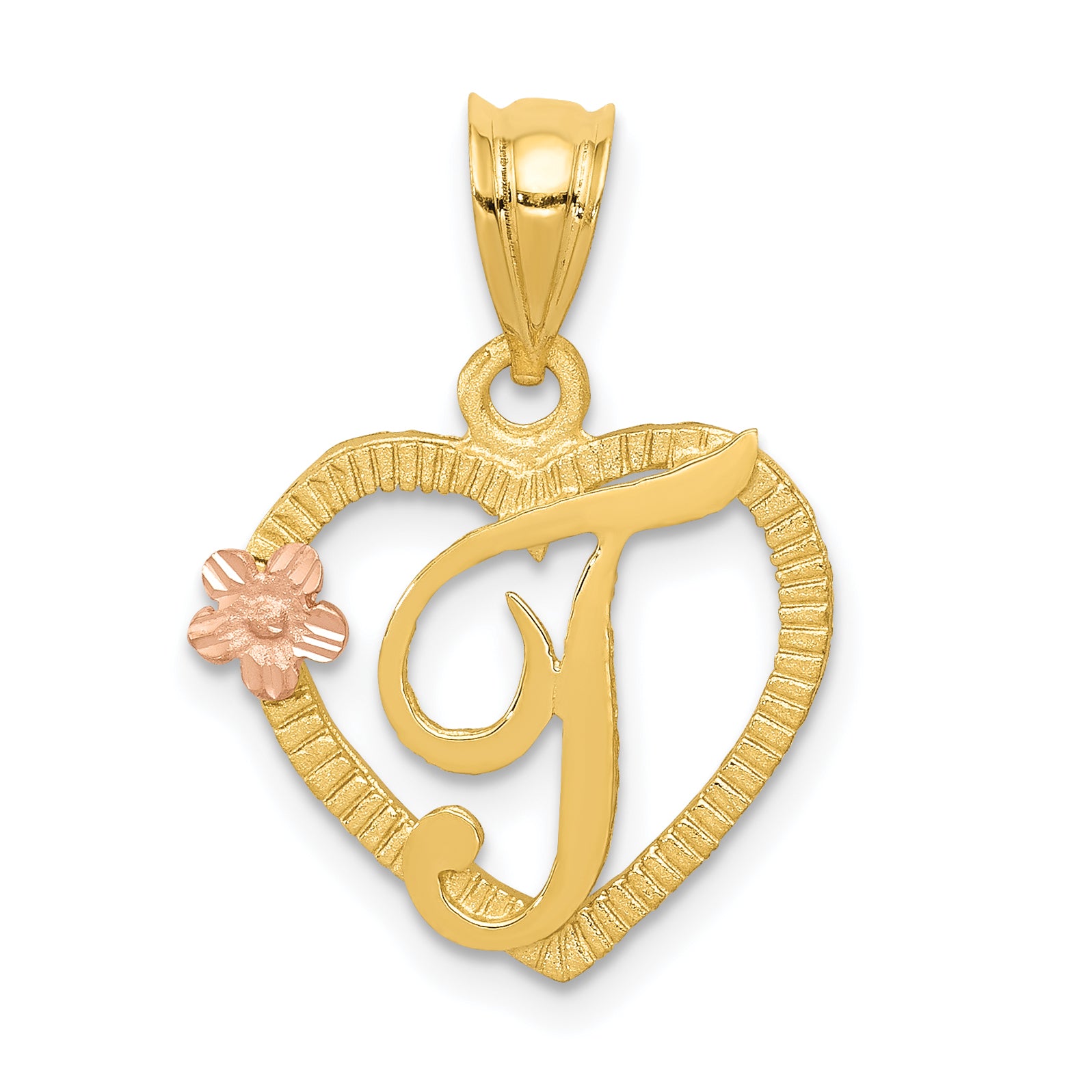 14k Two-Tone Heart Letter T  Initial Pendant