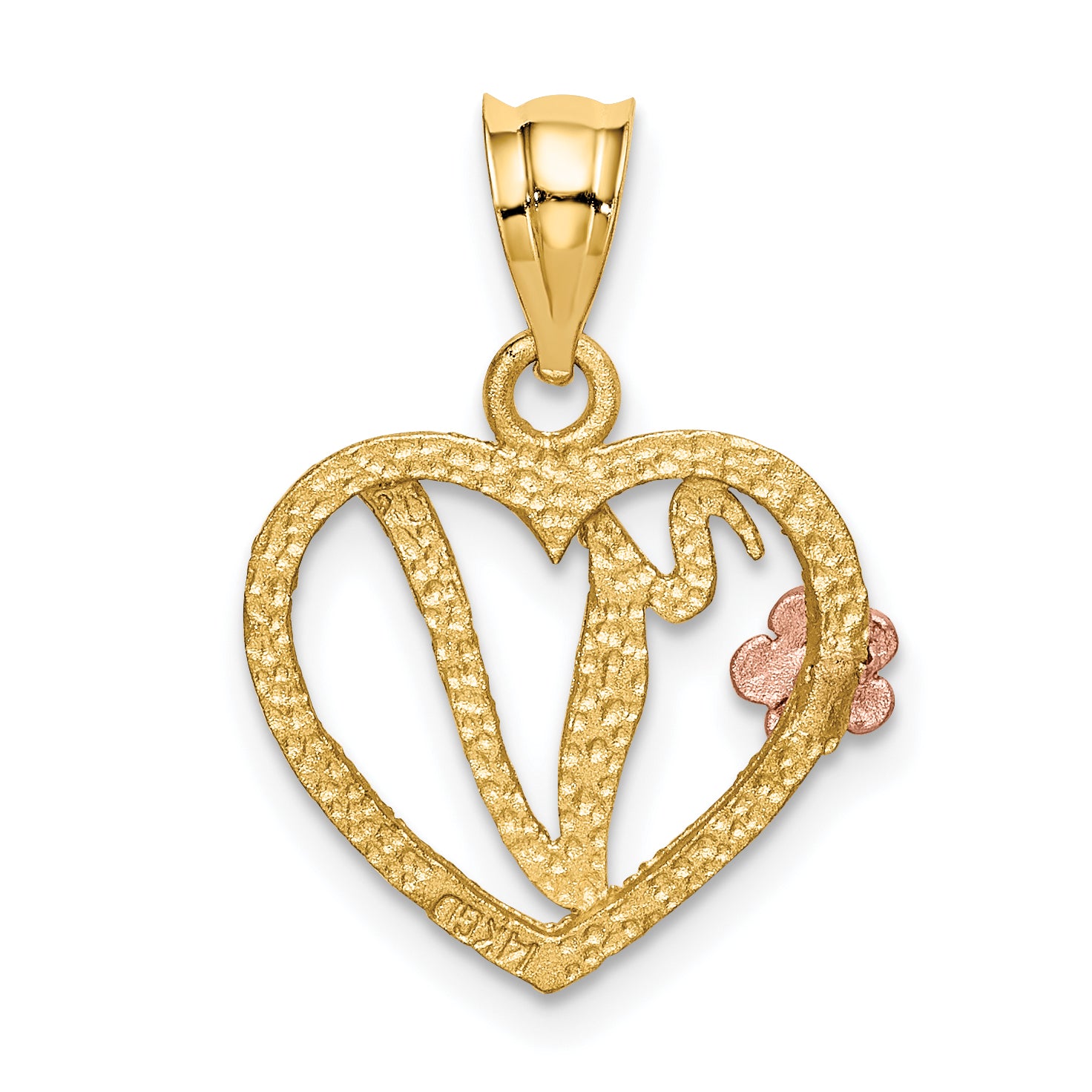 14K Two-Tone Gold Heart Letter V Pendant with Diamond-Cut Finish