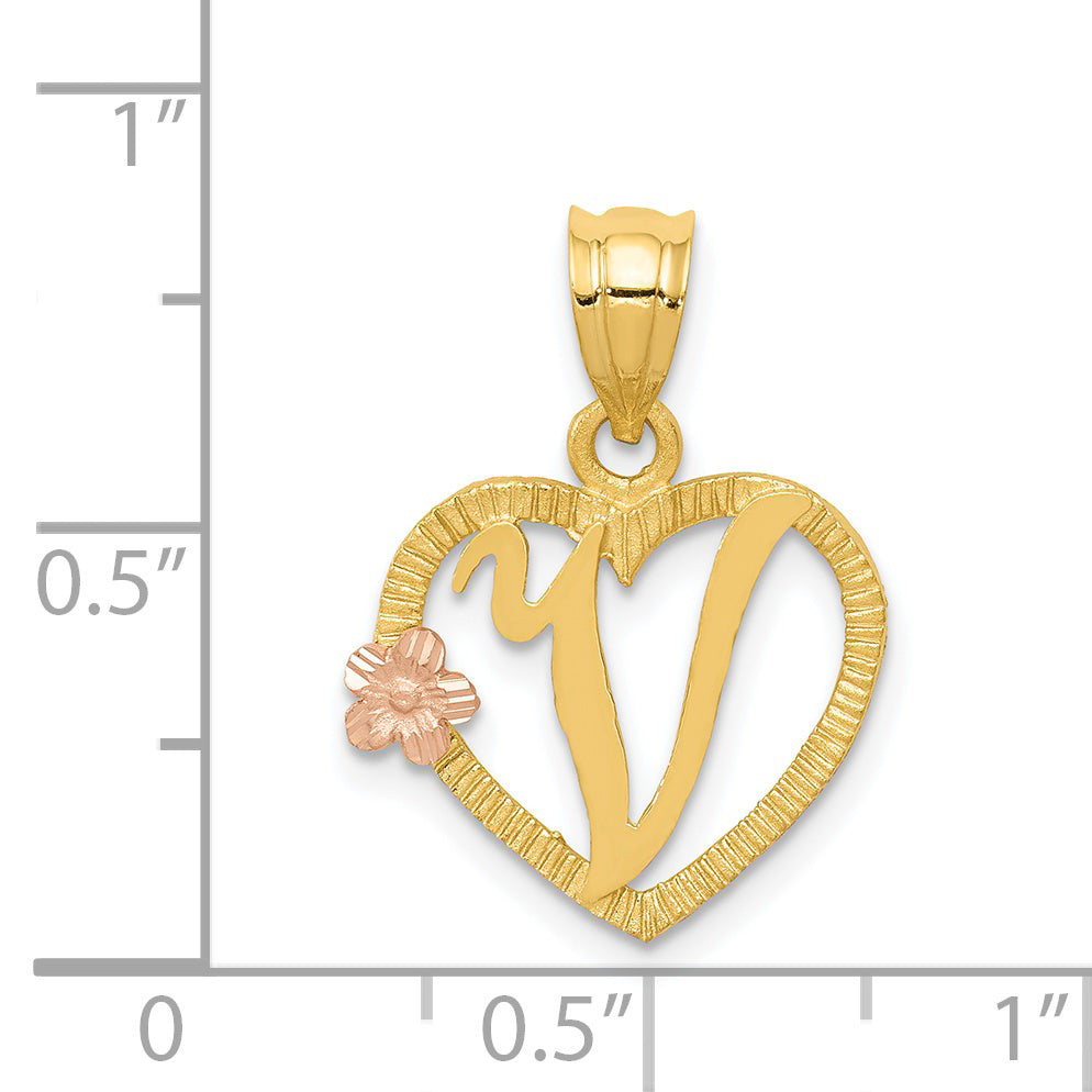 14K Two-Tone Gold Heart Letter V Pendant with Diamond-Cut Finish