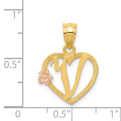 14K Two-Tone Gold Heart Letter V Pendant with Diamond-Cut Finish