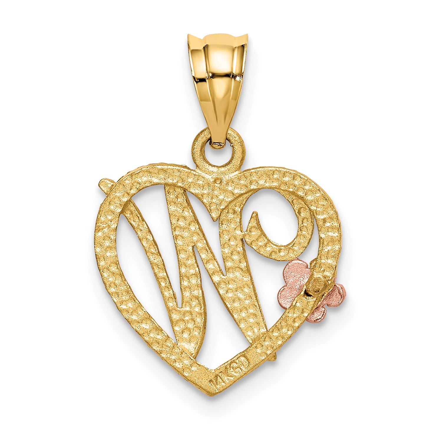 14K Two-Tone Gold Heart Initial W Pendant with Polished Diamond-Cut Finish