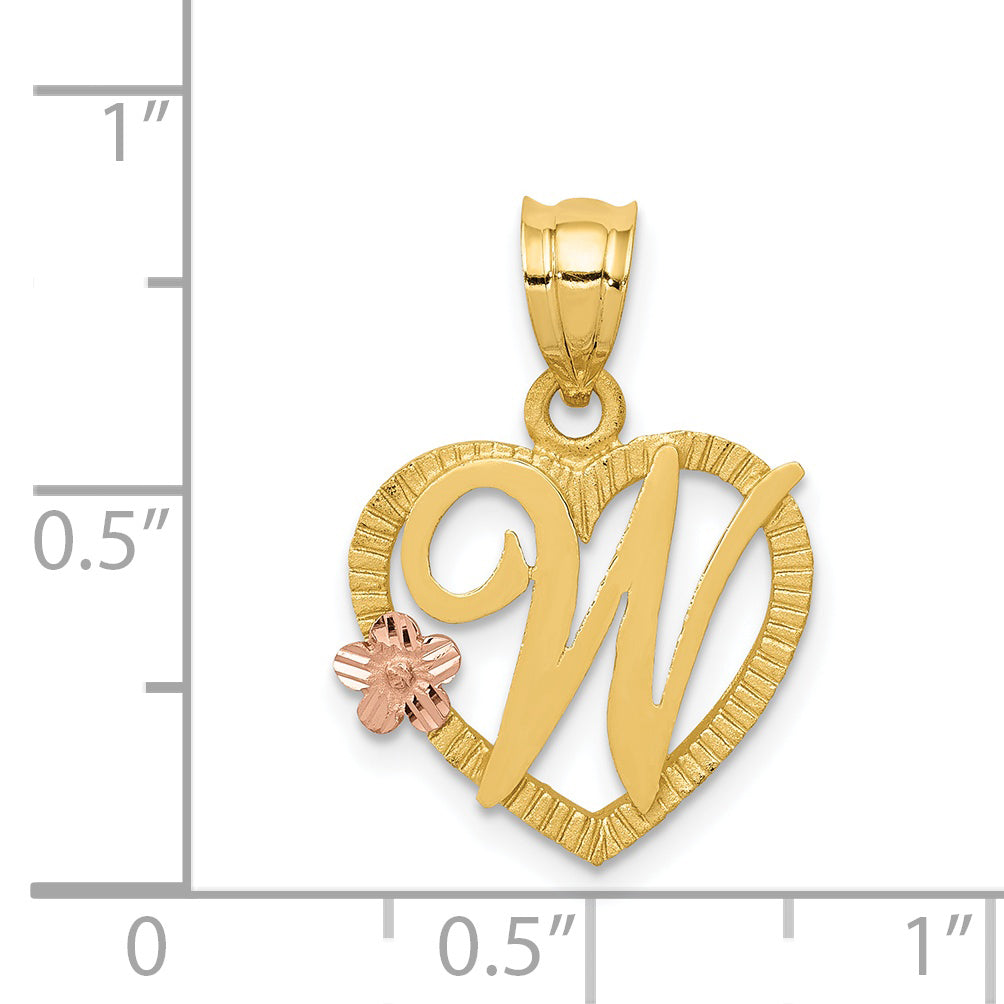 14K Two-Tone Gold Heart Initial W Pendant with Polished Diamond-Cut Finish