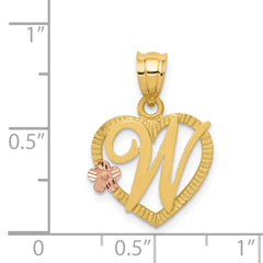 14K Two-Tone Gold Heart Initial W Pendant with Polished Diamond-Cut Finish